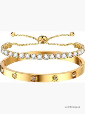 18K Gold Plated Stainless Steel Chain Link Bracelet Set Adjustable